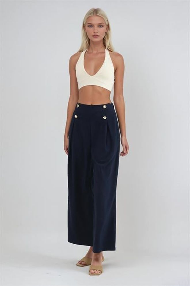 Sobe Istanbul Pantaloni Blu Navy Palazzo Vita Alta Con Cerniera Abbigliamento all'ingrosso Casuale
