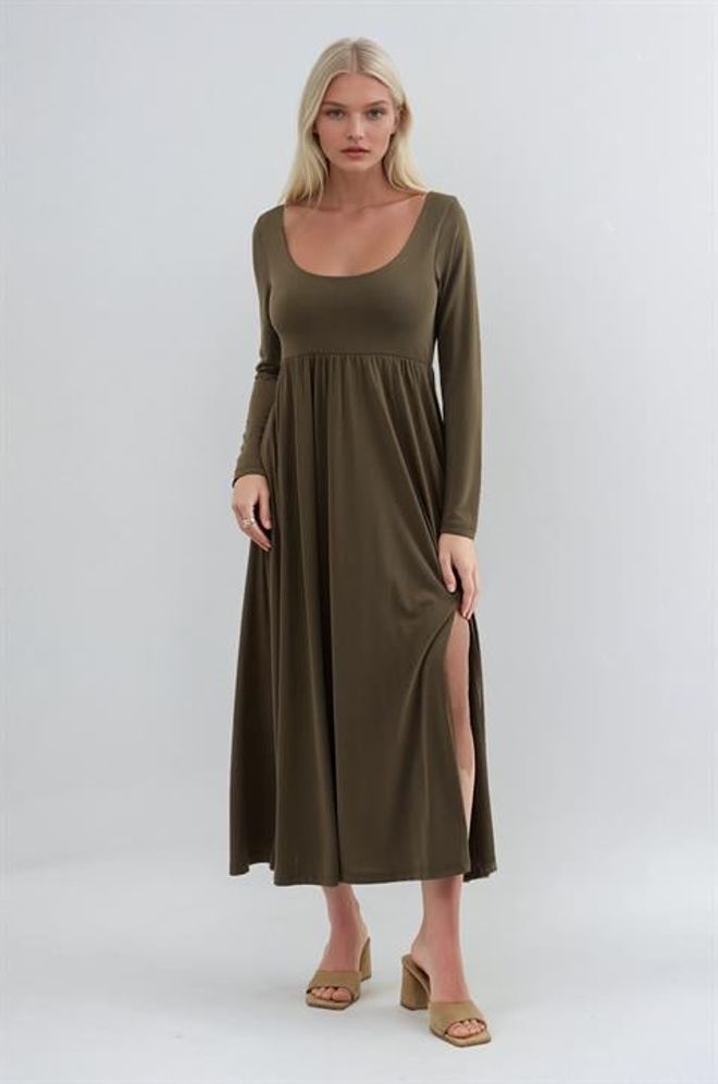 Sobe Istanbul Φόρεμα Χακί A Line Με Μακριά Μανίκια Και Midi Μήκος Χονδρικό εμπόριο ενδυμάτων Απλό