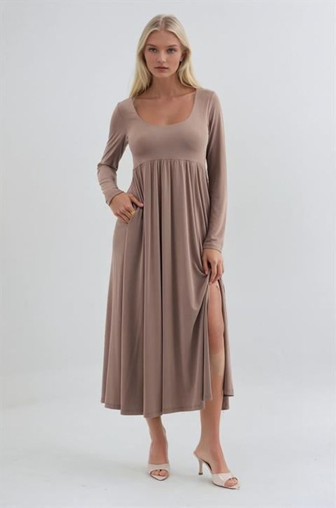 Sobe Istanbul Μπεζ Φόρεμα Fit And Flare Με Μακριά Μανίκια Χονδρικό εμπόριο ενδυμάτων Απλό