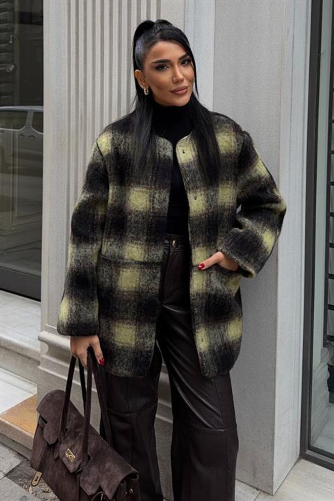 Sobe Istanbul Black Oversized Fit Single Breasted Checkered Coat Wholesale Clothing Vintage