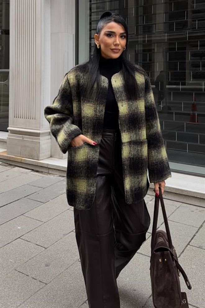 Sobe Istanbul Black Oversized Fit Single Breasted Checkered Coat Wholesale Clothing 5