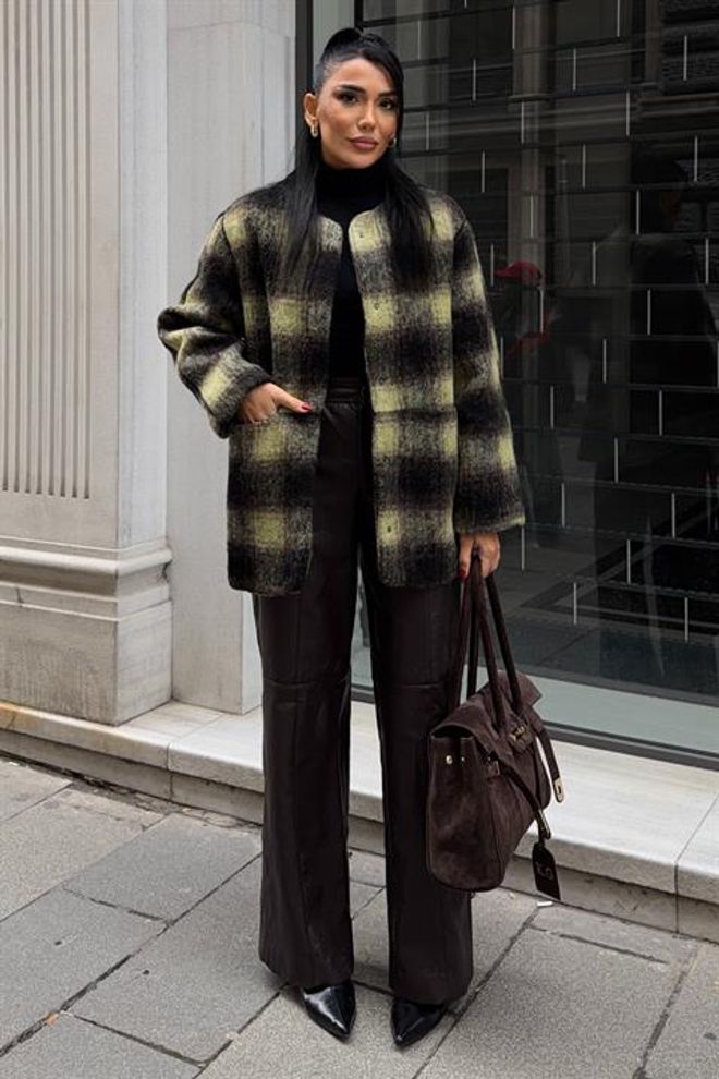 Sobe Istanbul Black Oversized Fit Single Breasted Checkered Coat Wholesale Clothing Fall