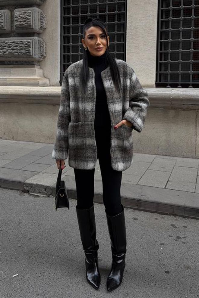 Sobe Istanbul سترة رمادي قميص خارجي بنقشة منقوشة وجيوب التصحيح ملابس بالجملة 1