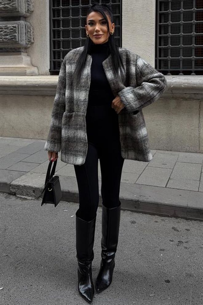 Sobe Istanbul سترة رمادي قميص خارجي بنقشة منقوشة وجيوب التصحيح ملابس بالجملة الخريف