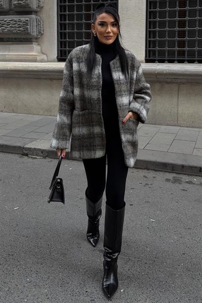 Sobe Istanbul سترة رمادي قميص خارجي بنقشة منقوشة وجيوب التصحيح ملابس بالجملة صالة