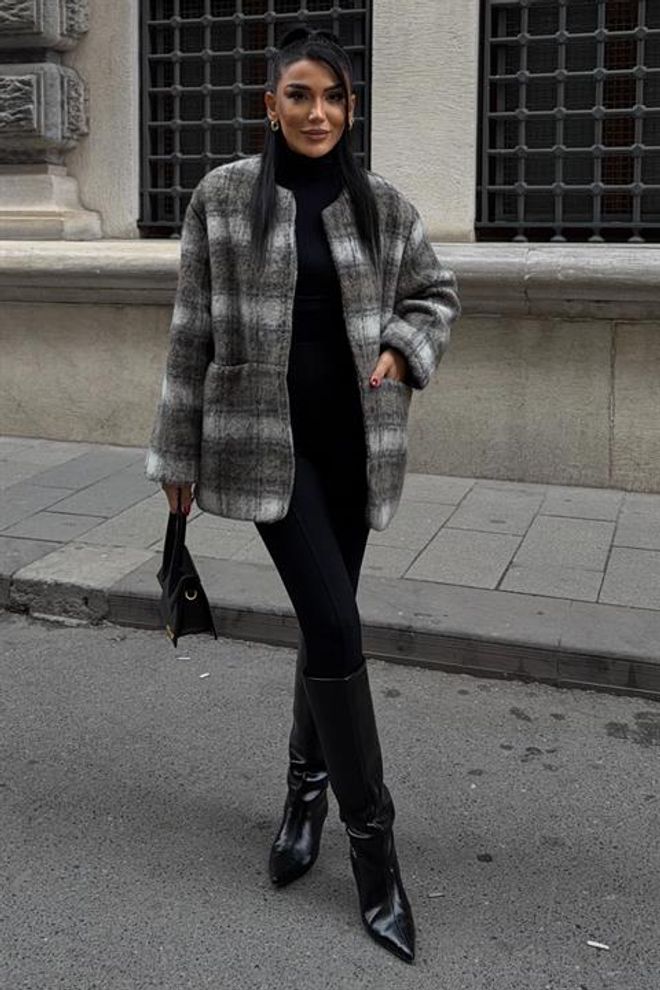 Sobe Istanbul سترة رمادي قميص خارجي بنقشة منقوشة وجيوب التصحيح ملابس بالجملة 5