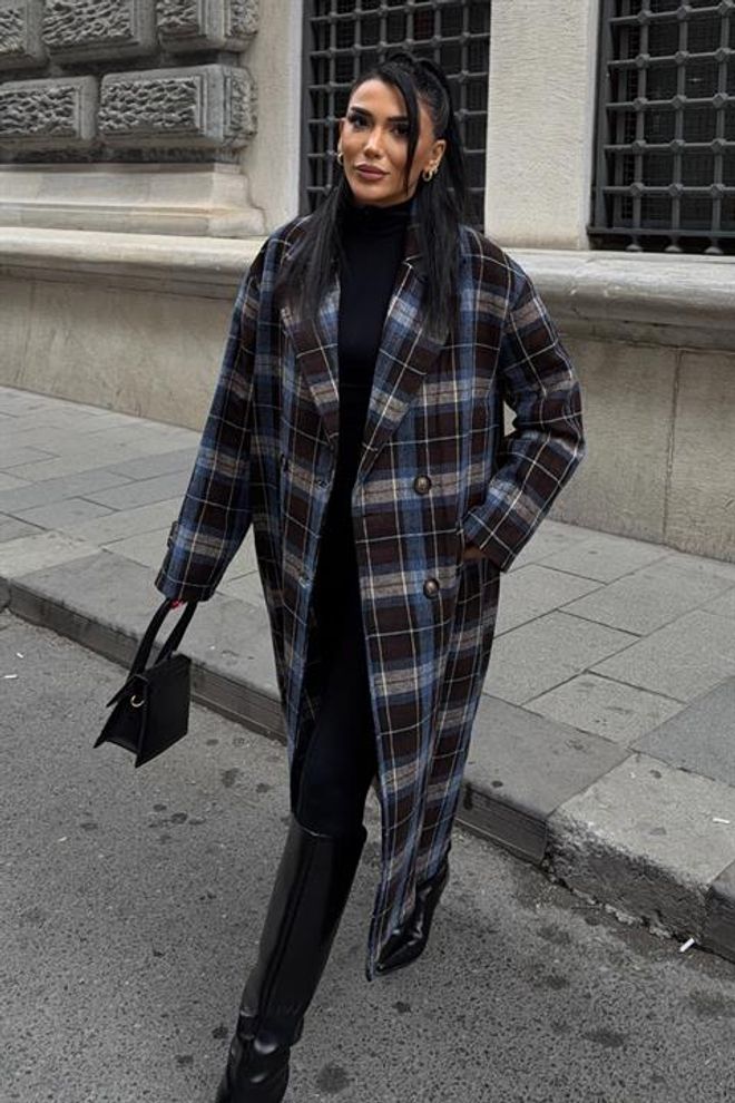 Sobe Istanbul Blue Plaid Single Breasted Oversized Coat Wholesale Clothing Fall
