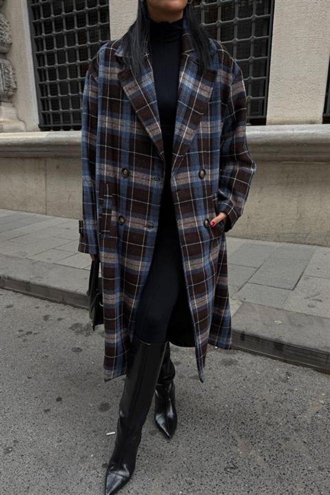 Sobe Istanbul Blue Plaid Single Breasted Oversized Coat Wholesale Clothing Lounge