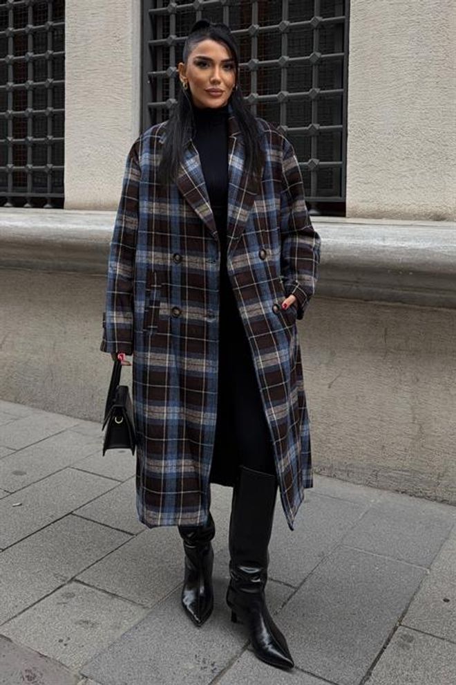 Sobe Istanbul Blue Plaid Single Breasted Oversized Coat Wholesale Clothing 1
