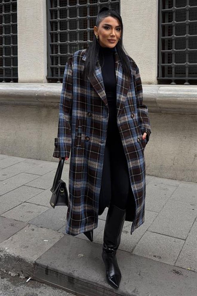 Sobe Istanbul Blue Plaid Single Breasted Oversized Coat Wholesale Clothing 5