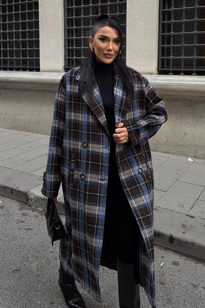 Sobe Istanbul Blue Plaid Single Breasted Oversized Coat Wholesale Clothing Vintage