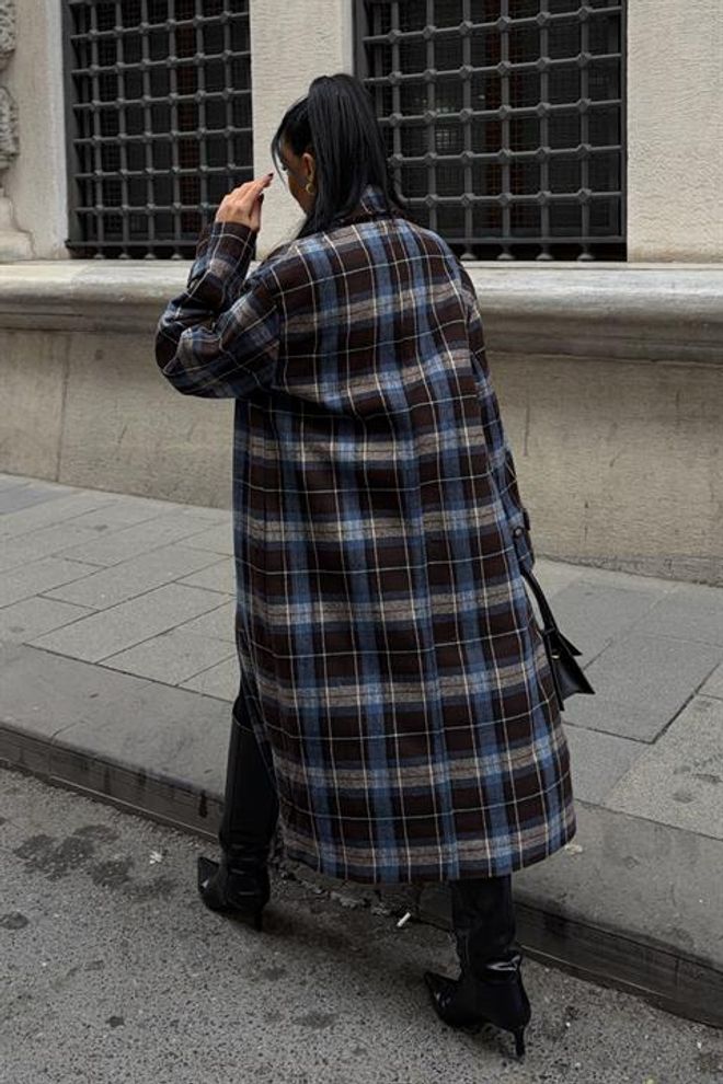 Sobe Istanbul Blue Plaid Single Breasted Oversized Coat Wholesale Clothing Work
