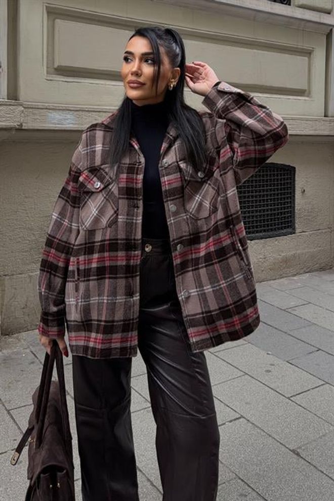 Sobe Istanbul Geacă Cămașă Peste Maro În Carouri Îmbrăcăminte cu ridicata Casual