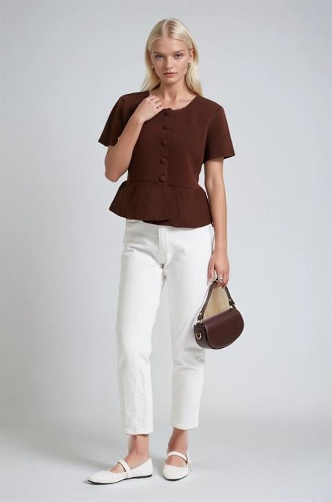 Sobe Istanbul Hnedý Kardigán Na Gombíky S Krátkym Rukávom Veľkoobchod s oblečením Práca