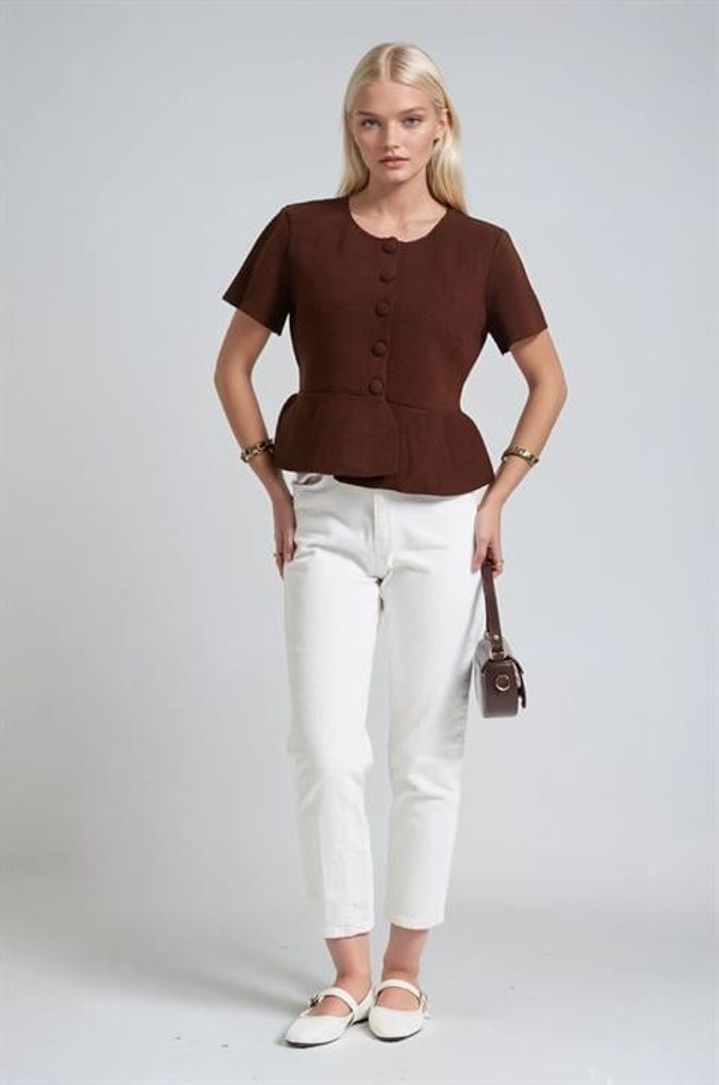 Sobe Istanbul Hnedý Kardigán Na Gombíky S Krátkym Rukávom Veľkoobchod s oblečením Jar