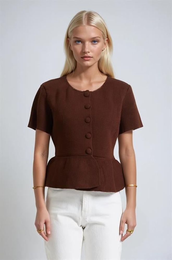 Sobe Istanbul Hnedý Kardigán Na Gombíky S Krátkym Rukávom Veľkoobchod s oblečením Vintage