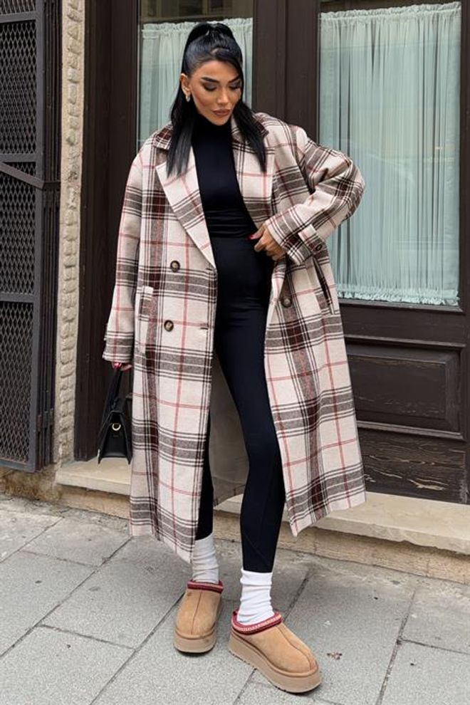 Sobe Istanbul Beige Double Breasted Oversized Plaid Coat Wholesale Clothing Fall