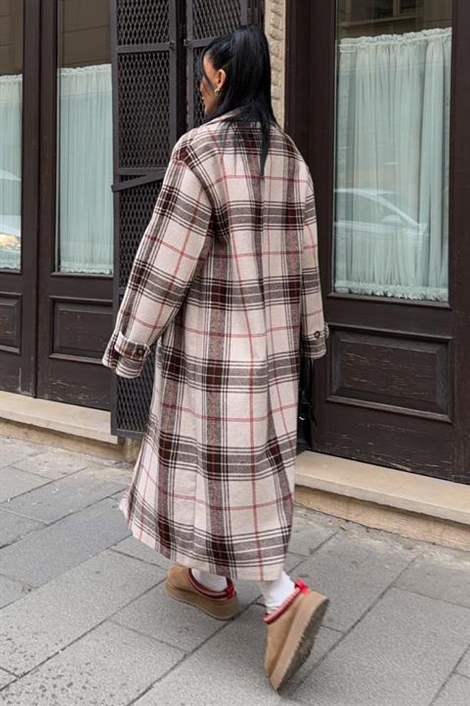 Sobe Istanbul Beige Double Breasted Oversized Plaid Coat Wholesale Clothing Vintage