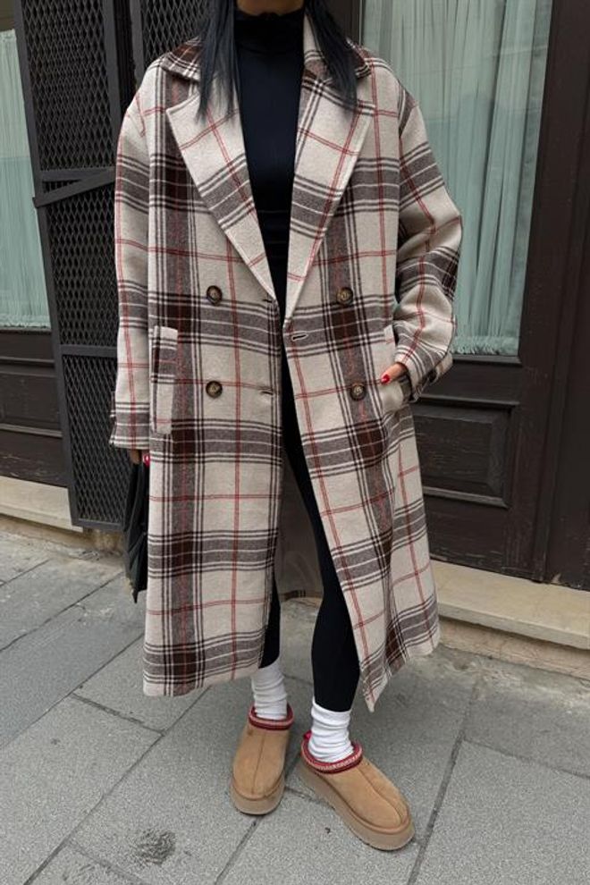 Sobe Istanbul Beige Double Breasted Oversized Plaid Coat Wholesale Clothing 5