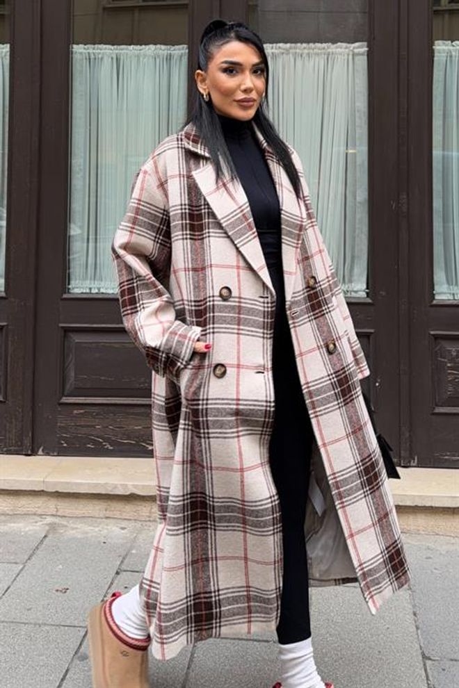 Sobe Istanbul Beige Double Breasted Oversized Plaid Coat Wholesale Clothing 1