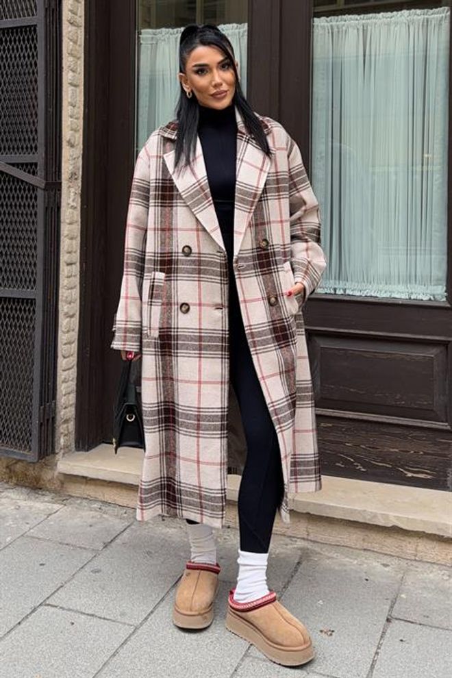 Sobe Istanbul Beige Double Breasted Oversized Plaid Coat Wholesale Clothing Lounge