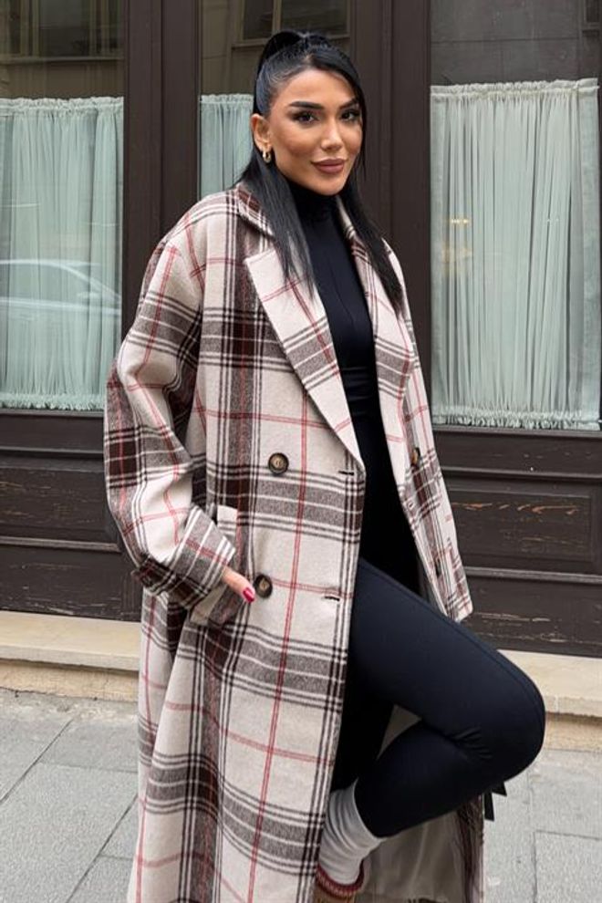 Sobe Istanbul Beige Double Breasted Oversized Plaid Coat Wholesale Clothing Work
