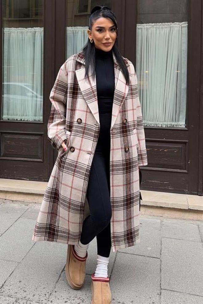 Sobe Istanbul معطف بيج مزدوج الصدر بتصميم كبير منقوش ملابس بالجملة غير رسمي