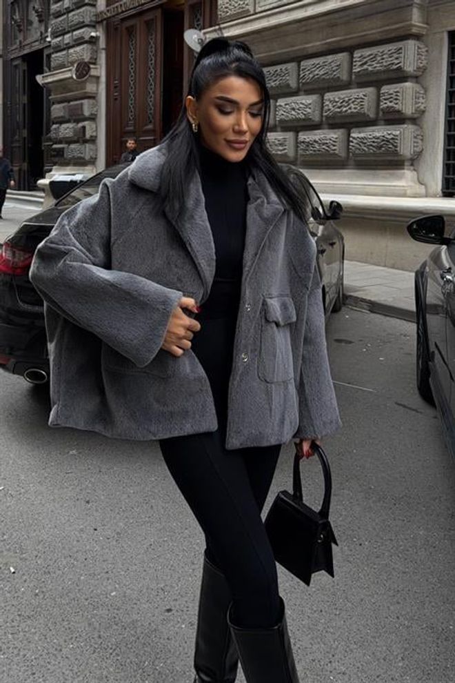 Sobe Istanbul Siva Oversized Jakna Ležerna Elegantna Zarezani Ovratnik Oblačila na debelo Ležerno