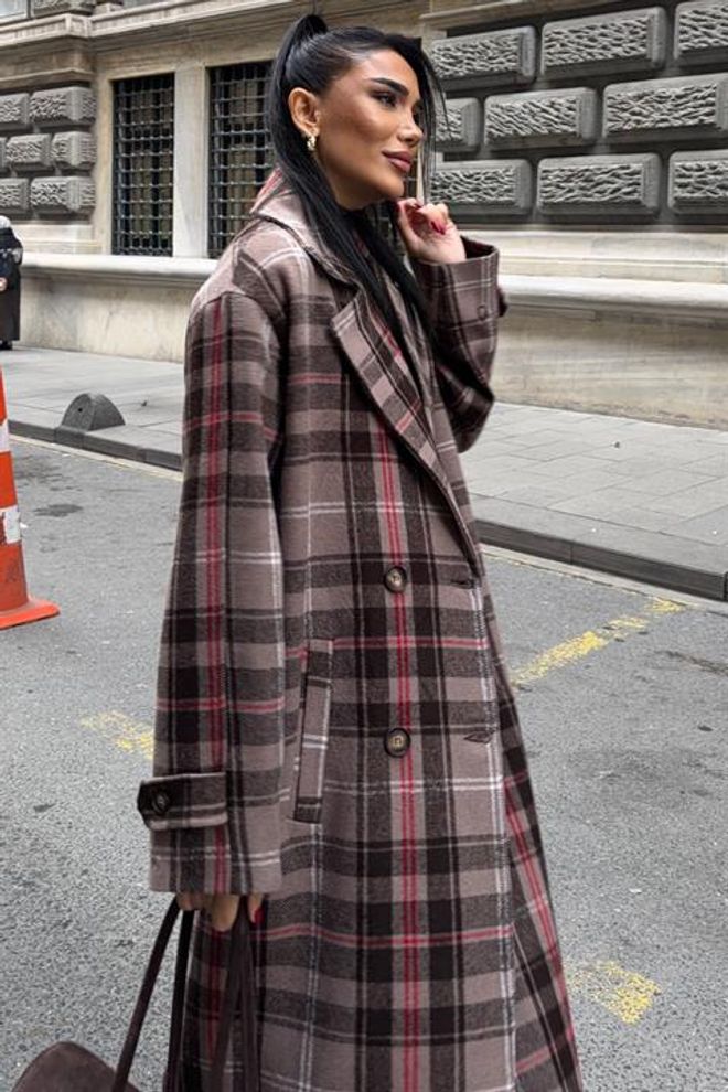 Sobe Istanbul Brown Double Breasted Plaid Coat With Flap Pockets Wholesale Clothing 5