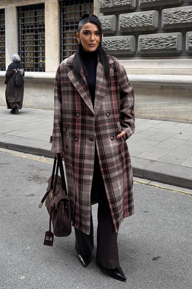 Sobe Istanbul Brown Double Breasted Plaid Coat With Flap Pockets Wholesale Clothing 1