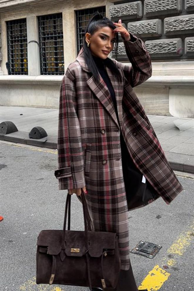 Sobe Istanbul Brown Double Breasted Plaid Coat With Flap Pockets Wholesale Clothing Vintage