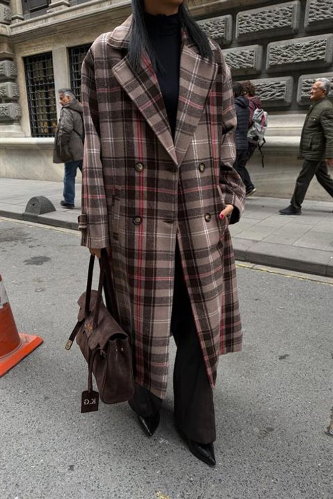 Sobe Istanbul Brown Double Breasted Plaid Coat With Flap Pockets Wholesale Clothing Fall