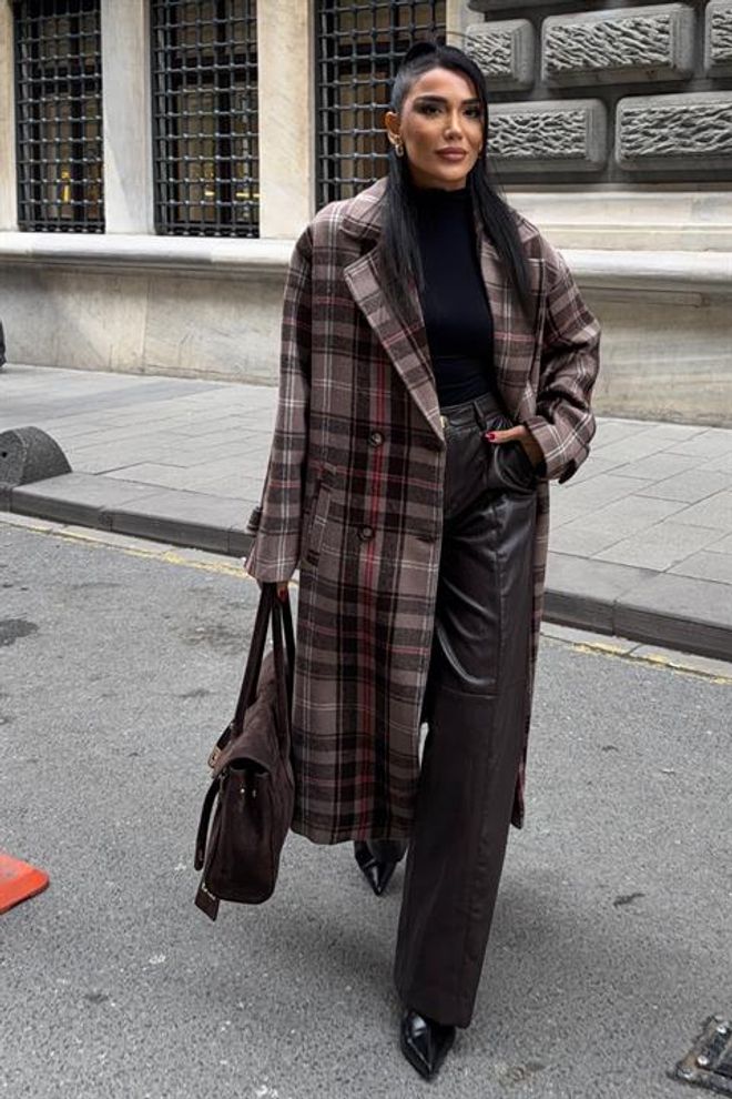 Sobe Istanbul Brown Double Breasted Plaid Coat With Flap Pockets Wholesale Clothing Work