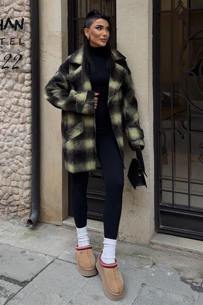 Sobe Istanbul Black Checkered Single Breasted Oversized Coat Wholesale Clothing Vintage