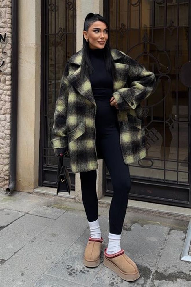 Sobe Istanbul Black Checkered Single Breasted Oversized Coat Wholesale Clothing Lounge