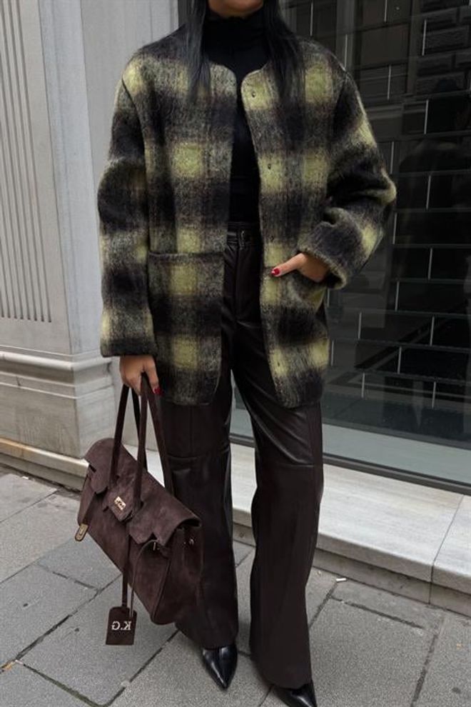 Sobe Istanbul Black Checkered Single Breasted Oversized Coat Wholesale Clothing Work