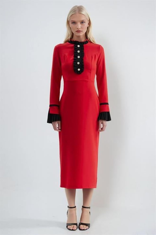 Sobe Istanbul Elegante Vestito A Guaina Rosso Con Collo Alto E Maniche Lunghe Abbigliamento all'ingrosso Modesto