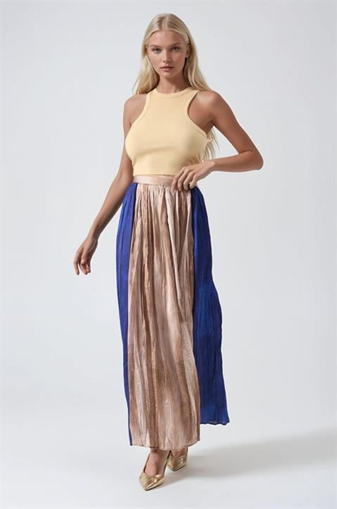 Sobe Istanbul Beige Pleated Maxi Skirt With Color Block Design Wholesale Clothing Spring