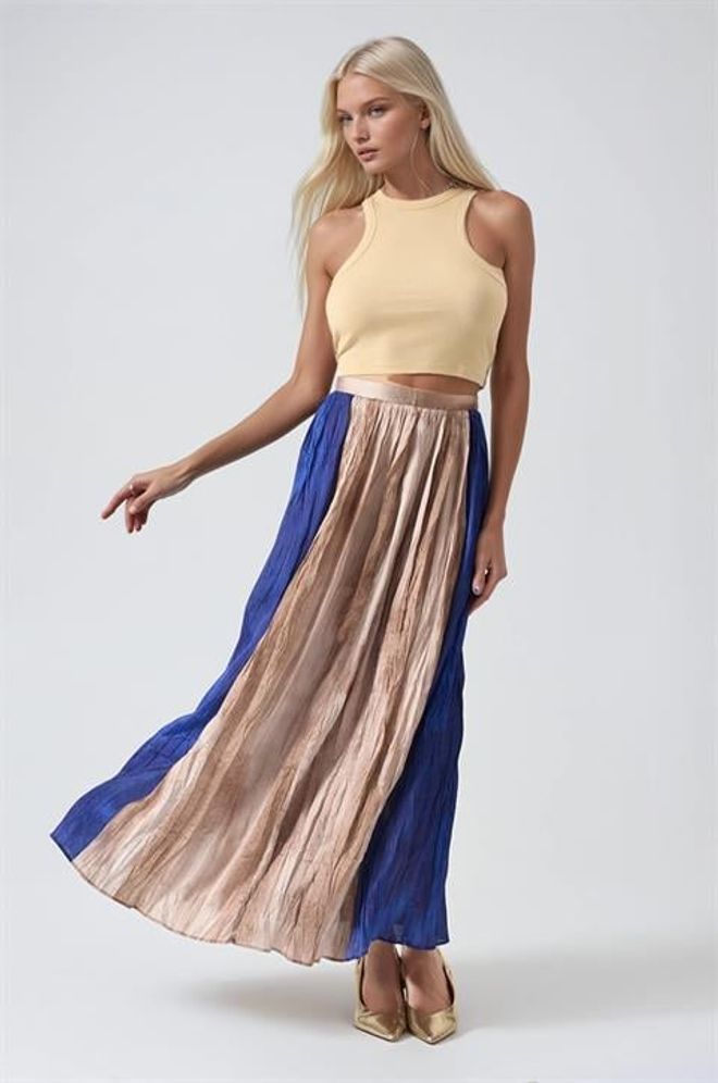 Sobe Istanbul Beige Pleated Maxi Skirt With Color Block Design Wholesale Clothing 5