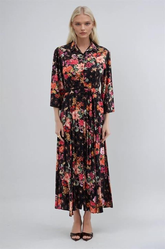 Sobe Istanbul Κομψό Μαύρο Φλοράλ Πουκάμισο Φόρεμα Με Notched Λαιμόκοψη Χονδρικό εμπόριο ενδυμάτων Casual