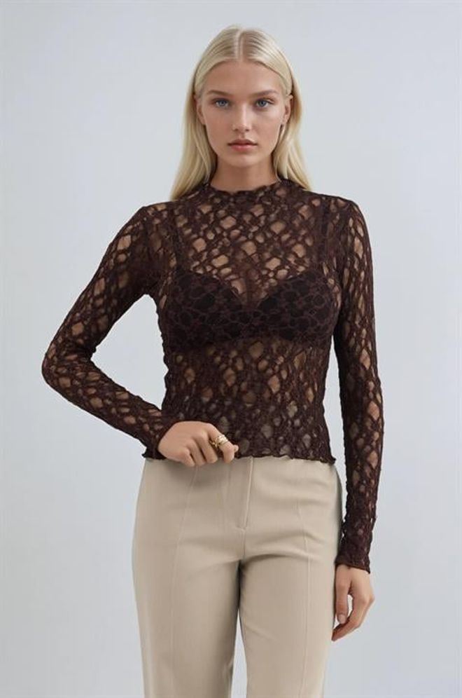 Sobe Istanbul Καφέ Στενή Μπλούζα Με Ψηλή Λαιμόκοψη Και Μακριά Μανίκια Χονδρικό εμπόριο ενδυμάτων Σέξι