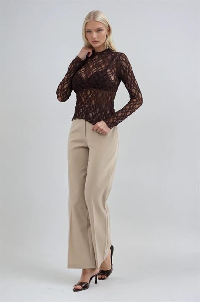 Sobe Istanbul بلوزة بني، قصّة ضيقة، رقبة طويلة، بأكمام طويلة ملابس بالجملة عمل