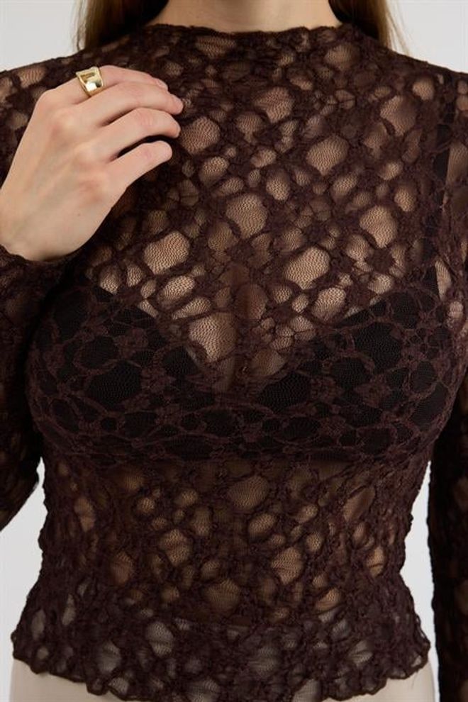 Sobe Istanbul بلوزة بني، قصّة ضيقة، رقبة طويلة، بأكمام طويلة ملابس بالجملة 5