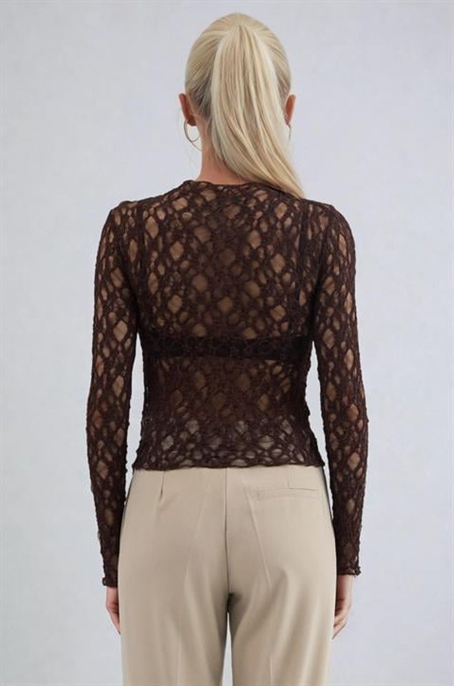 Sobe Istanbul بلوزة بني، قصّة ضيقة، رقبة طويلة، بأكمام طويلة ملابس بالجملة كوكتيل