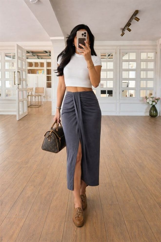 Sobe Istanbul Fustă Gri Midi Cu Talie Înaltă Și Crăpătură Îmbrăcăminte cu ridicata Casual