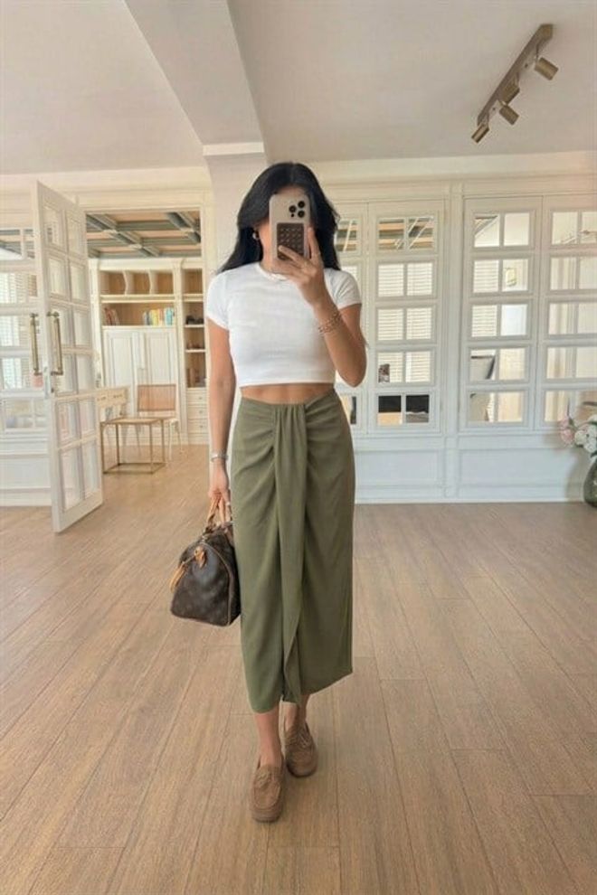 Sobe Istanbul Fustă Petrecută Midi Kaki Cu Talie Înaltă Casual Elegant Îmbrăcăminte cu ridicata Casual