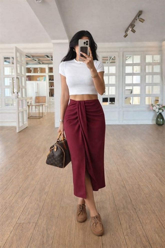 Sobe Istanbul Fustă Roșu Bordo Talie Înaltă Petrecută Midi Îmbrăcăminte cu ridicata Casual