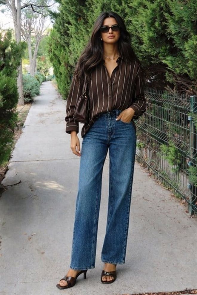 Sobe Istanbul Hnedá Pruhovaná Košeľa S Vrúbkovaným Golierom Voľný Strih Veľkoobchod s oblečením Neformálny