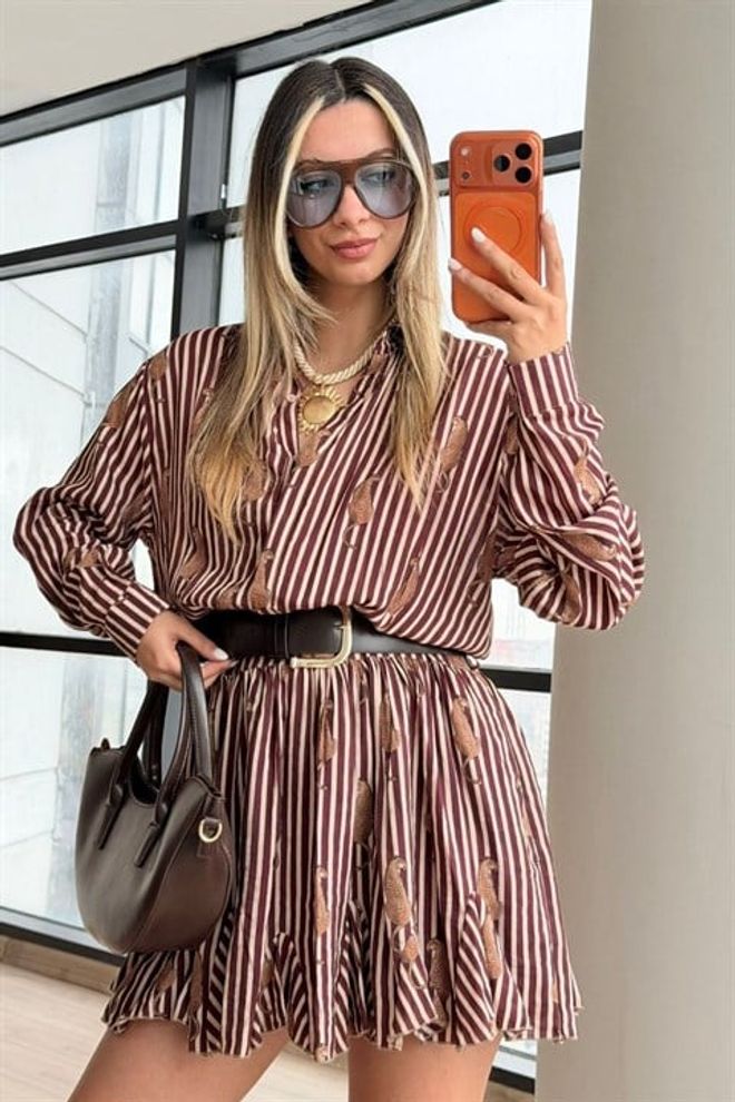 Sobe Istanbul Vestido Camisa Mini Marrom Listrado Com Decote Entalhado Roupas por atacado Casual