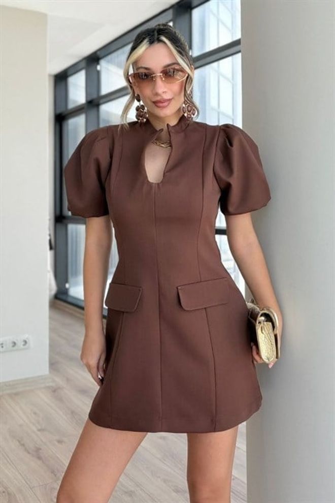 Sobe Istanbul Eleganten Rjav Mini Shift Obleka S Puhastimi Rokavi Oblačila na debelo Ležerno